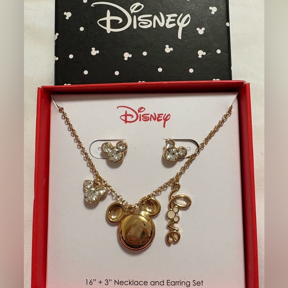Disney Necklace and Earrings set with Mickey chain pendant can put photo.